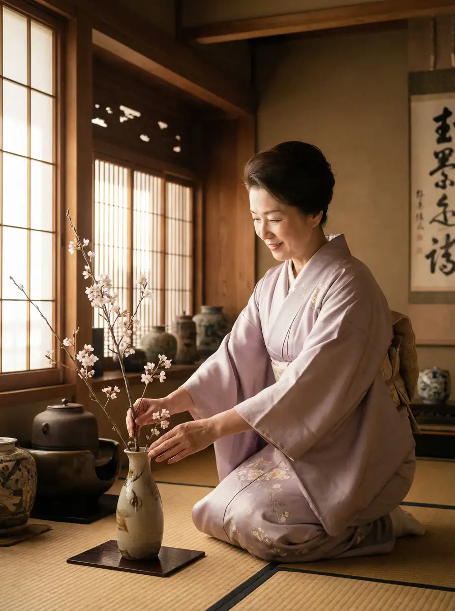 一位优雅的 E世博平台 在和室中插花