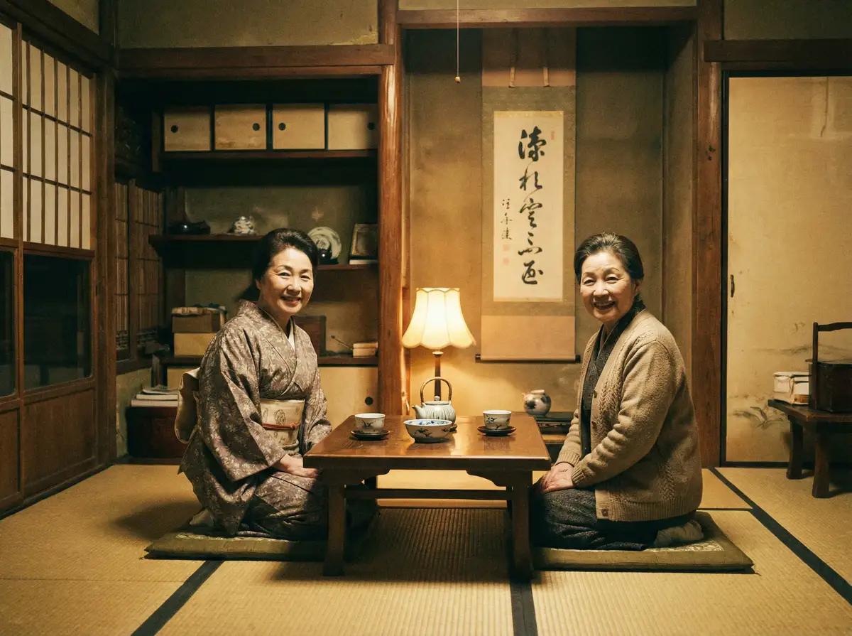 两位优雅的 E世博平台 在日式茶室中品茶交谈